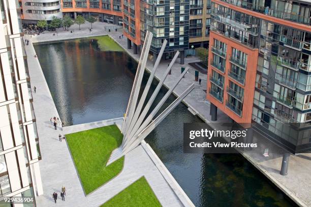 Merchant Square Footbridge, London, United Kingdom. Architect: Knight Architects Limited, 2014. High level view with bridge in elevated position.