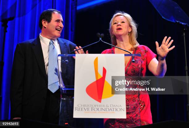 Actors Richard Kind and Caroline Rhea speak onstage at the Christopher & Dana Reeve Foundation 19th Annual "A Magical Evening" Gala at the Marriott...