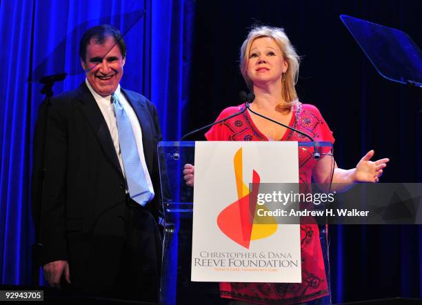 Actors Richard Kind and Caroline Rhea speak onstage at the Christopher & Dana Reeve Foundation 19th Annual "A Magical Evening" Gala at the Marriott...