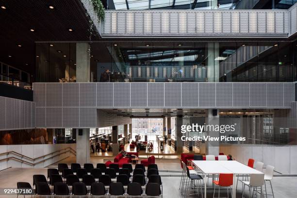Interior central space. Dokk1, Aarhus, Denmark. Architect: Schmidt Hammer & Lassen Ltd, 2015.