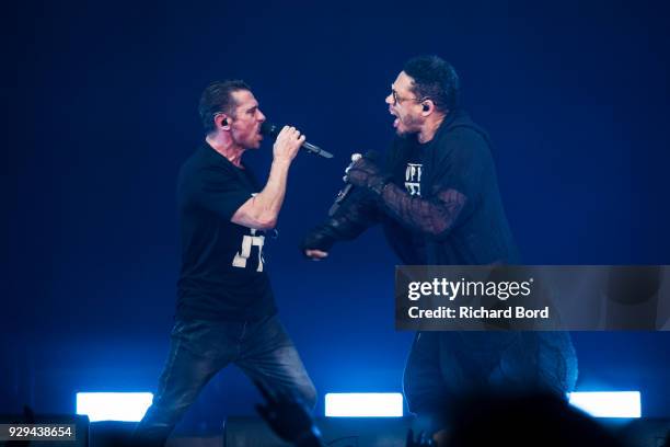 Rappers Kool Shen and Joey Starr of NTM perform at AccorHotels Arena on March 8, 2018 in Paris, France.