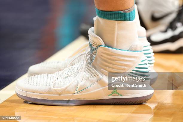 The sneakers of Cody Zeller of the Charlotte Hornets are seen during the game against the Brooklyn Nets on March 8, 2018 at Spectrum Center in...