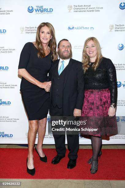 Honoree Caitlyn Jenner, Rabbi Shmuley Boteach and Debbie Boteach attend the 2018 World Values Network Champions of Jewish Values Awards Gala at The...