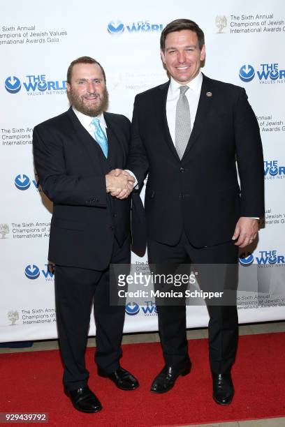 Rabbi Shmuley Boteach and Congressman Ron DeSantis attends the 2018 World Values Network Champions of Jewish Values Awards Gala at The Plaza Hotel on...