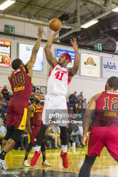 Devin Williams of the Maine Red Claws shoots the ball against the Canton Charge during the NBA G-League on March 8, 2018 at the Portland Expo in...
