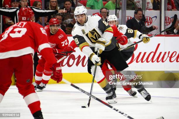 Alex Tuch of the Vegas Golden Knights skates up ice while playing the Detroit Red Wings during the first period at Little Caesars Arena on March 8,...
