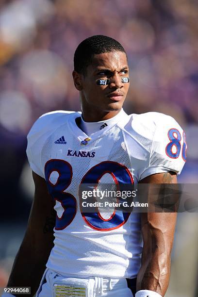 Wide receiver Dezmon Briscoe of the Kansas Jayhawks before a game against the Kansas State Wildcats on November 7, 2009 at Bill Snyder Family Stadium...