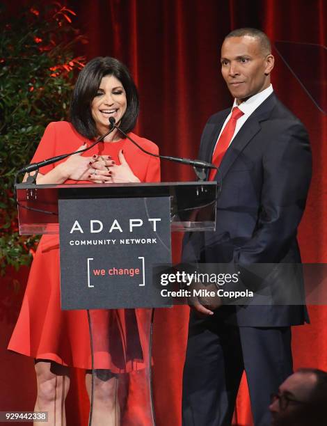 Leadership Awards Co-chairs Tamsen Fadal and Mike Woods speak at the Adapt Leadership Awards Gala 2018 at Cipriani 42nd Street on March 8, 2018 in...