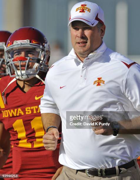 Head coach Paul Rhoads of the Iowa State Cyclones takes the field with his team before the game against the Oklahoma State Cowboys at Jack Trice...