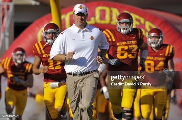 Head coach Paul Rhoads of the Iowa State Cyclones takes the field with his team before the game against the Oklahoma State Cowboys at Jack Trice...