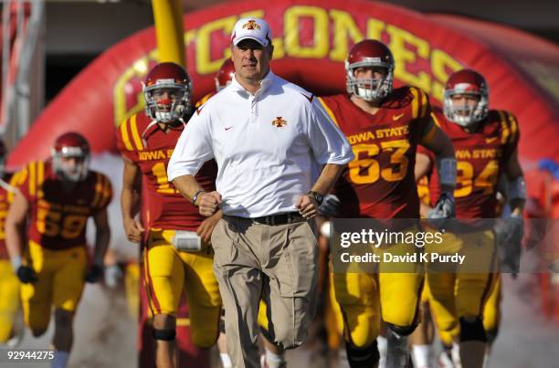 Head coach Paul Rhoads of the Iowa State Cyclones takes the field with his team before the game against the Oklahoma State Cowboys at Jack Trice...