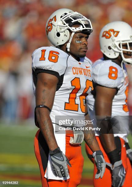 Cornerback Perrish Cox of the Oklahoma State Cowboys looks on during the game against the Iowa State Cyclones at Jack Trice Stadium on November 7,...