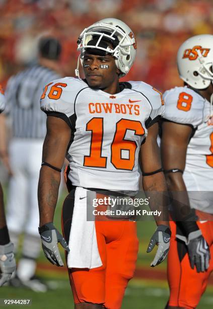 Cornerback Perrish Cox of the Oklahoma State Cowboys looks on during the game against the Iowa State Cyclones at Jack Trice Stadium on November 7,...