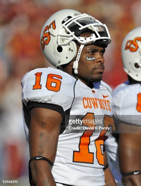 Cornerback Perrish Cox of the Oklahoma State Cowboys looks on during the game against the Iowa State Cyclones at Jack Trice Stadium on November 7,...