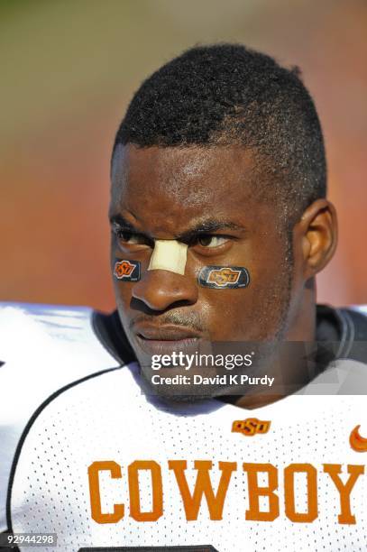 Running back Kendall Hunter of the Oklahoma State Cowboys looks on during the game against the Iowa State Cyclones at Jack Trice Stadium on November...