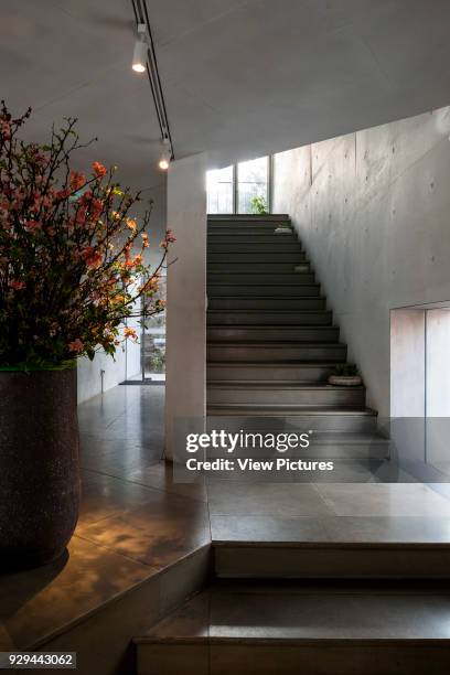 Stairway landing. Songwon Art Center / Bien-etre Restaurant, Seoul, Korea, South. Architect: Mass Studies, 2012.