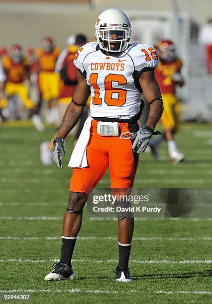 Cornerback Perrish Cox of the Oklahoma State Cowboys looks on during the game against the Iowa State Cyclones at Jack Trice Stadium on November 7,...