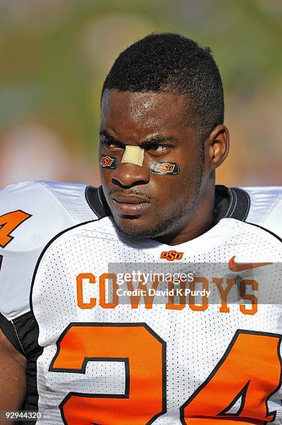 Running back Kendall Hunter of the Oklahoma State Cowboys looks on during the game against the Iowa State Cyclones at Jack Trice Stadium on November...