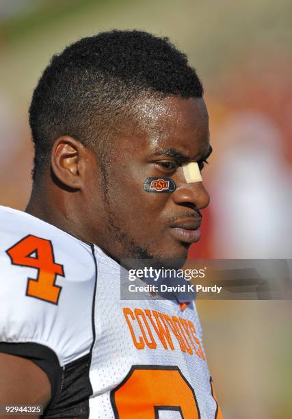 Running back Kendall Hunter of the Oklahoma State Cowboys looks on during the game against the Iowa State Cyclones at Jack Trice Stadium on November...