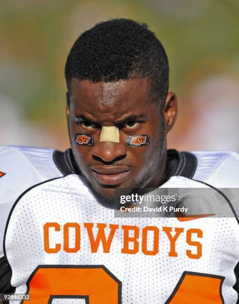 Running back Kendall Hunter of the Oklahoma State Cowboys looks on during the game against the Iowa State Cyclones at Jack Trice Stadium on November...