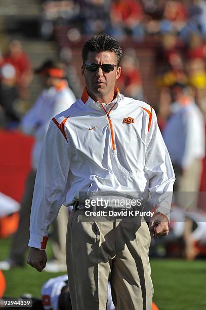 Head coach Mike Gundy of the Oklahoma State Cowboys looks on during the game against the Iowa State Cyclones at Jack Trice Stadium on November 7,...