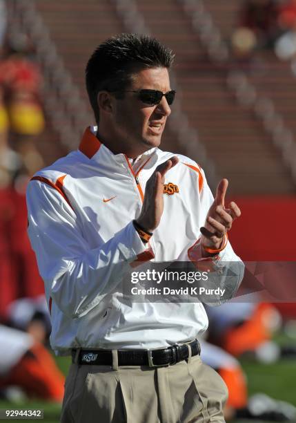 Head coach Mike Gundy of the Oklahoma State Cowboys looks on during the game against the Iowa State Cyclones at Jack Trice Stadium on November 7,...