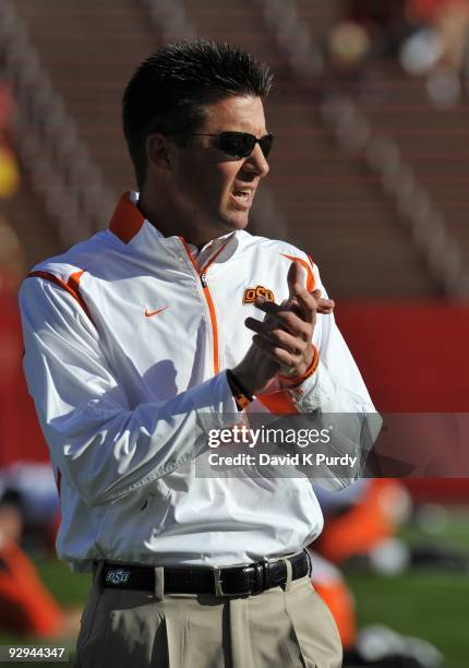 Head coach Mike Gundy of the Oklahoma State Cowboys looks on during the game against the Iowa State Cyclones at Jack Trice Stadium on November 7,...