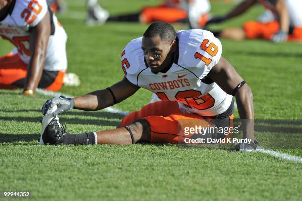 Cornerback Perrish Cox of the Oklahoma State Cowboys warms up before the game against the Iowa State Cyclones at Jack Trice Stadium on November 7,...