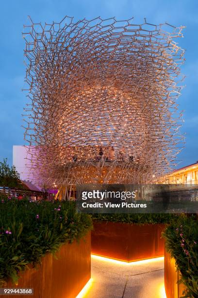Night elevation with lit up interior. Milan Expo 2015, UK Pavilion, Milan, Italy. Architect: Wolfgang Buttress, 2015.
