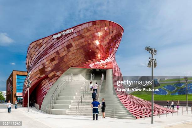 Front elevation with signage and staircase. Milan Expo 2015, Vanke Pavilion, Milan, Italy. Architect: Daniel Libeskind, 2015.