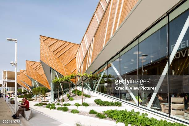 Perspective of landscaped exterior facade. Milan Expo 2015, Slovenia Pavilion, Milan, Italy. Architect: SoNo Arhitekti, 2015.