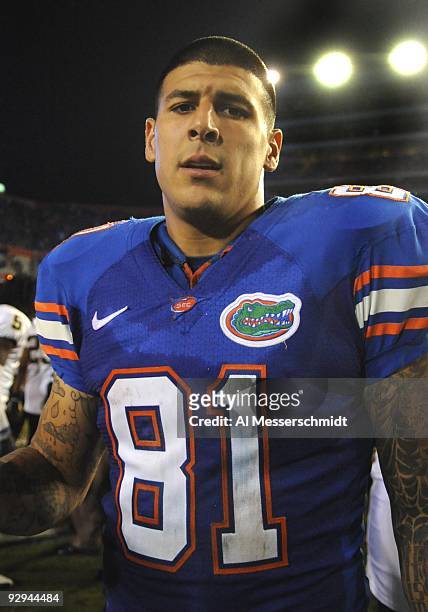 Tight end Aaron Hernandez of the Florida Gators after play against the Vanderbilt Commodores on November 7, 2009 at Ben Hill Griffin Stadium in...
