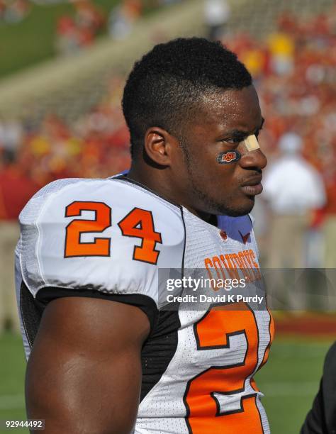 Running back Kendall Hunter of the Oklahoma State Cowboys looks on during the game against the Iowa State Cyclones at Jack Trice Stadium on November...