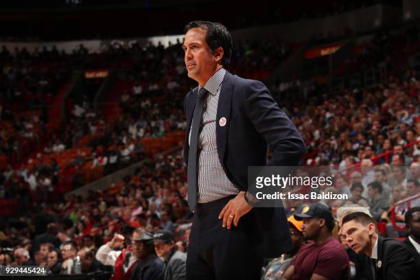 Head coach Erik Spoelstra of the Miami Heat reacts to a play against the Philadelphia 76ers on March 8, 2018 at American Airlines Arena in Miami,...