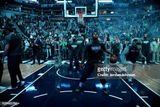 Marcus Georges-Hunt of the Minnesota Timberwolves warms up prior to the game against the Boston Celtics on March 8, 2018 at Target Center in...