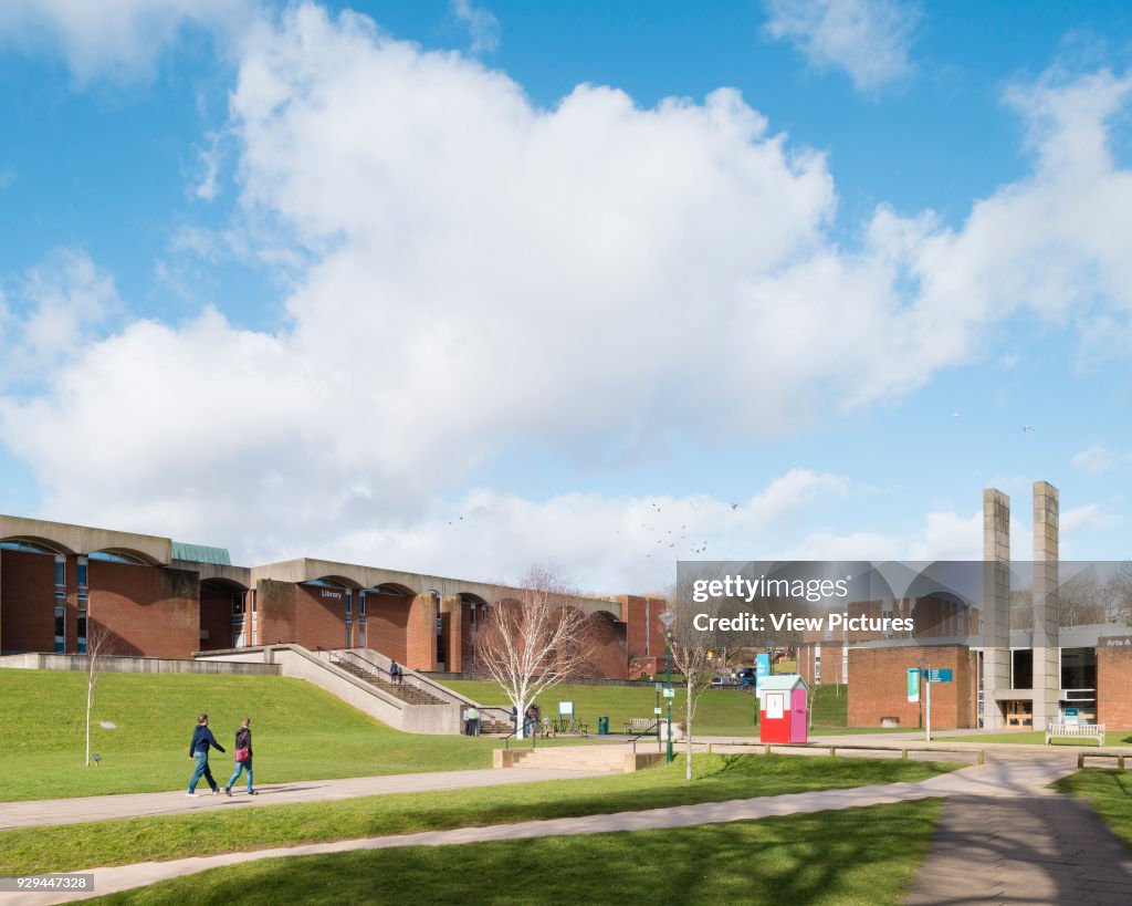 General exterior view of campus. University of Sussex, Brighton and Hove, United Kingdom. Architect: Sir Basil Spence, 1971.