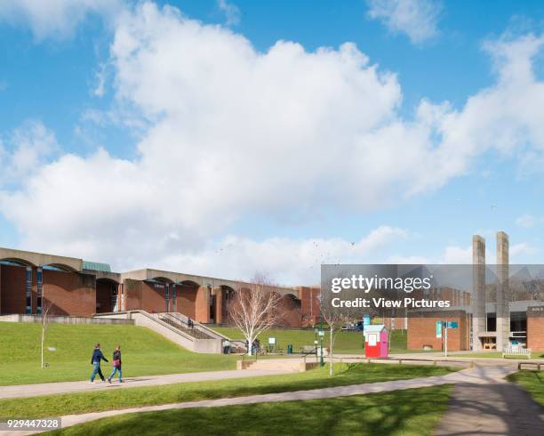 General exterior view of campus. University of Sussex, Brighton and Hove, United Kingdom. Architect: Sir Basil Spence, 1971.