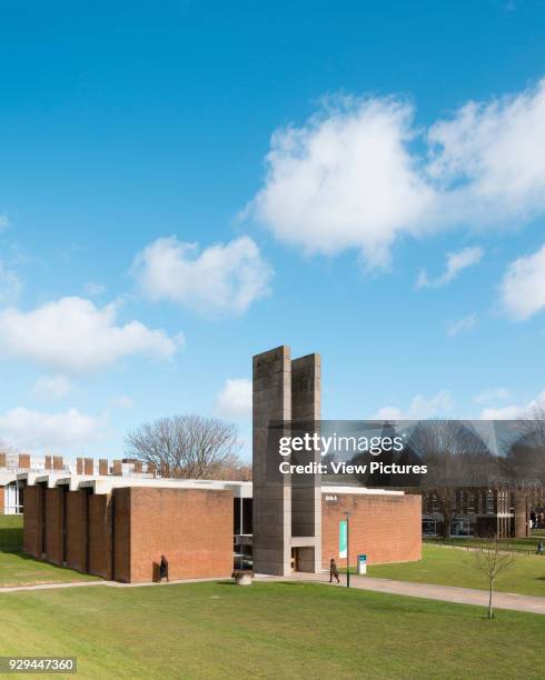 General exterior view of campus. University of Sussex, Brighton and Hove, United Kingdom. Architect: Sir Basil Spence, 1971.