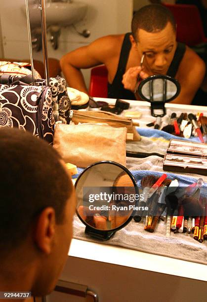 Robert Carter prepares his makeup before the press call for Les Ballets Trockadero de Monte Carlo at the Theatre Royal on November 10, 2009 in...