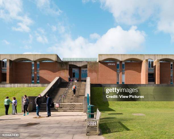 General exterior view of campus. University of Sussex, Brighton and Hove, United Kingdom. Architect: Sir Basil Spence, 1971.