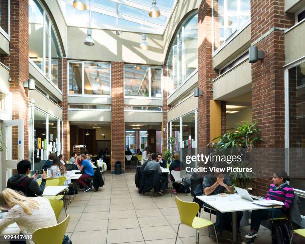 Canopied cafe courtyard. University of Sussex, Brighton and Hove, United Kingdom. Architect: Sir Basil Spence, 1971.