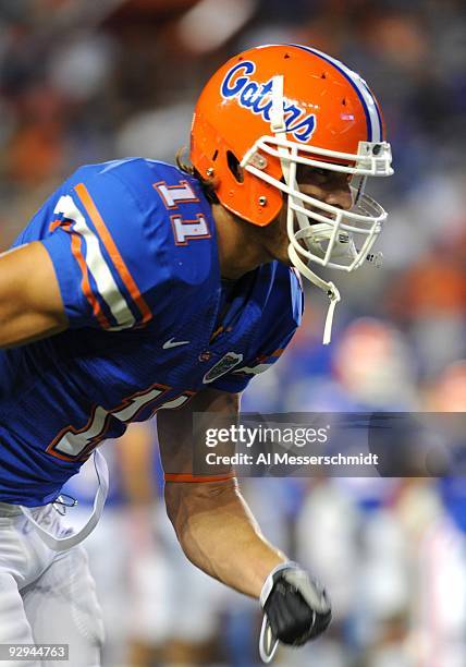 Wide receiver Riley Cooper of the Florida Gators sets for play against the Vanderbilt Commodores on November 7, 2009 at Ben Hill Griffin Stadium in...