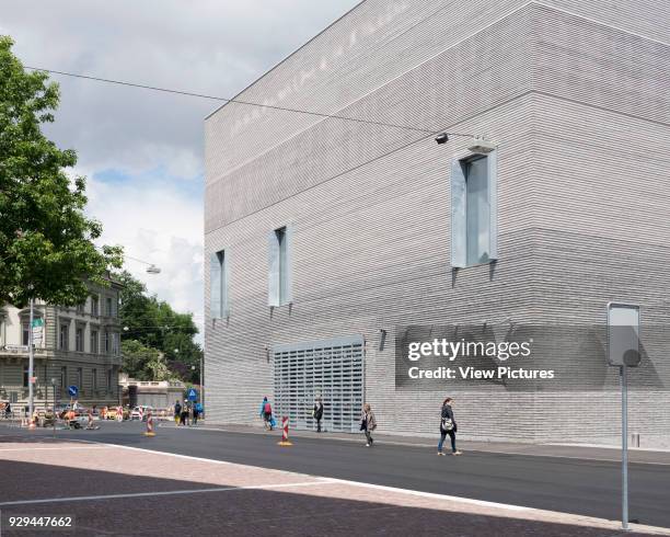 Exterior facade across street. Kunstmuseum Basel, Basel, Switzerland. Architect: Christ & Gantenbein, 2016.