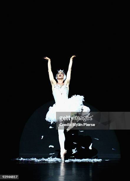 Raffaele Morra performs the Dying Swan during the press call for Les Ballets Trockadero de Monte Carlo at the Theatre Royal on November 10, 2009 in...