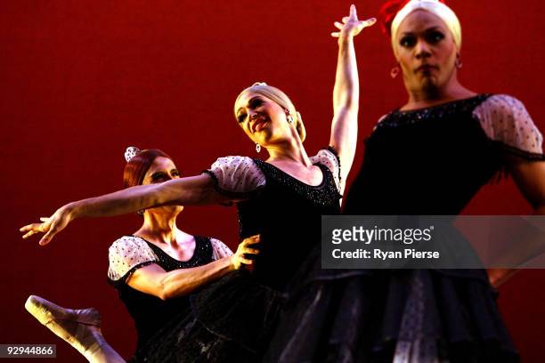 Dancers perform on stage during the press call for Les Ballets Trockadero de Monte Carlo at the Theatre Royal on November 10, 2009 in Sydney,...