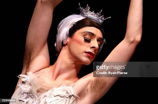 Raffaele Morra performs the Dying Swan during the press call for Les Ballets Trockadero de Monte Carlo at the Theatre Royal on November 10, 2009 in...