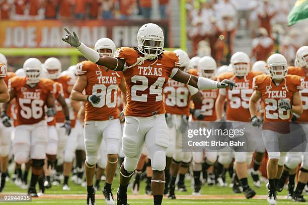 The Texas Longhorns run on to the field for a game against the UCF Knights on November 7, 2009 at Darrell K Royal - Texas Memorial Stadium in Austin,...