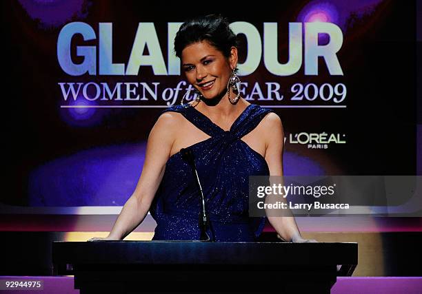 Actress Catherine Zeta-Jones speaks onstage at the The 2009 Women of the Year hosted by Glamour Magazine at Carnegie Hall on November 9, 2009 in New...