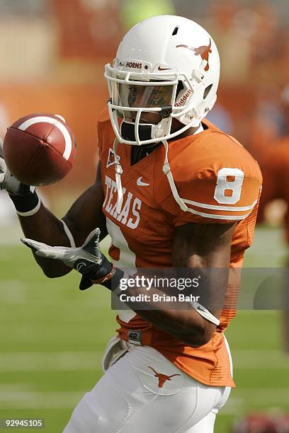 Cornerback Chykie Brown of the Texas Longhorns practices before a game against the UCF Knights on November 7, 2009 at Darrell K Royal - Texas...