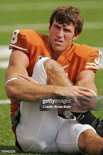 Wide receiver Jordan Shipley of the Texas Longhorns stretches before a game against the UCF Knights on November 7, 2009 at Darrell K Royal - Texas...